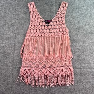 Say What? Pink Women's S Mesh Floral Tassel Embroidered Tank
